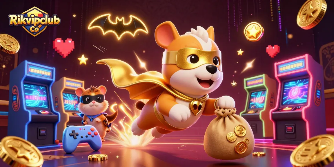 Join the fun at Rikvipclub Co with a heroic dog flying through a vibrant casino world.