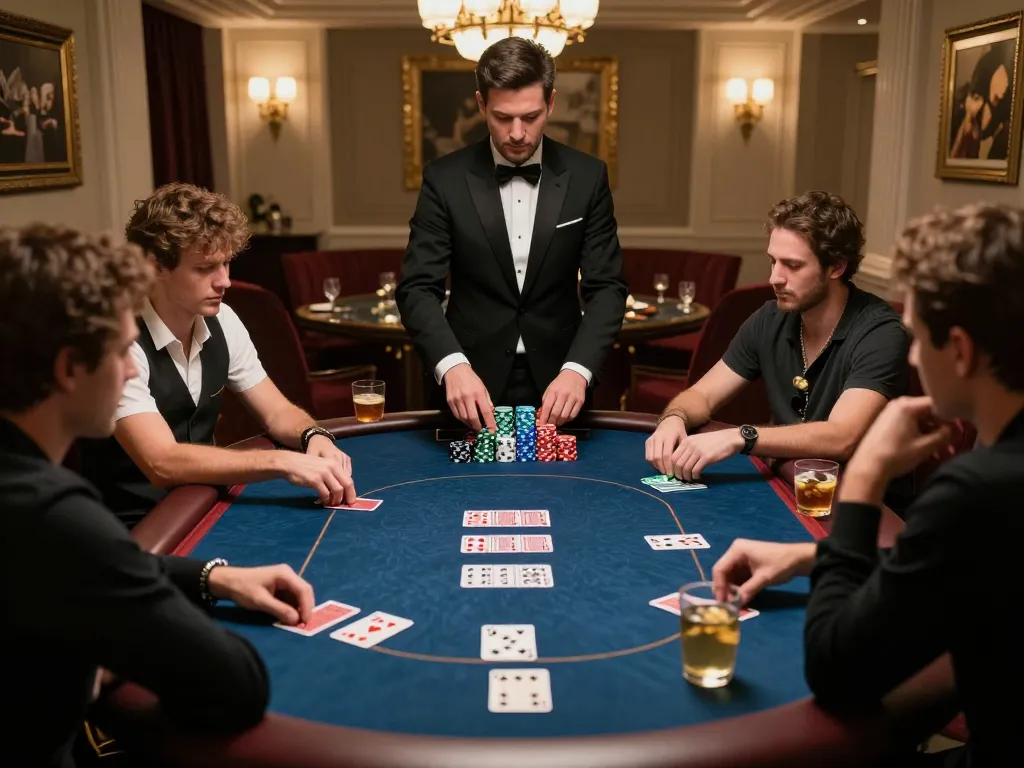 Engaged players strategizing their bets at a debet-themed high-stakes poker game.