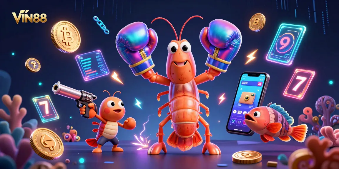 VIN88 gameplay features 3D mantis shrimp characters in an electrifying scene with vibrant gambling elements.