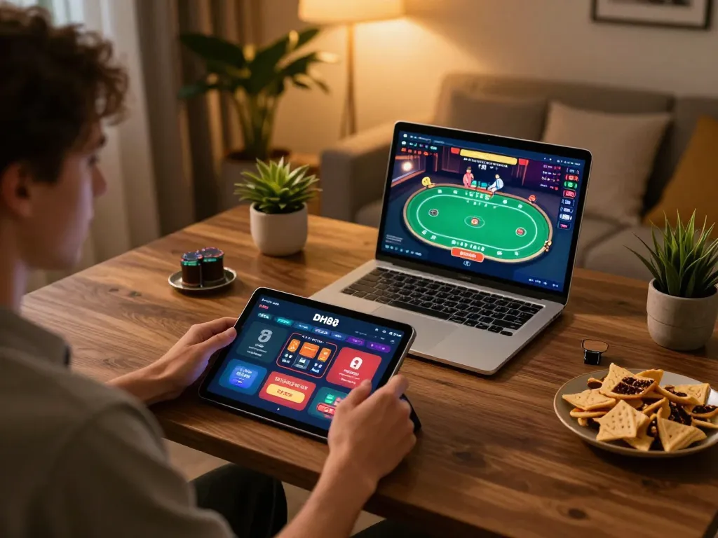 DH88 player enjoying online poker with tablet amidst engaging home atmosphere
