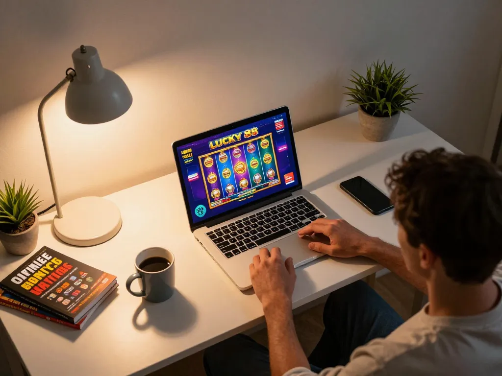 Player engaging with the lucky88 slot game on a laptop in a cozy home environment