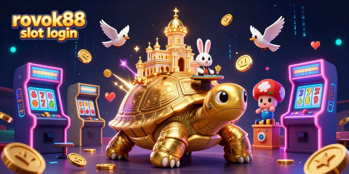 Engage in exciting gaming adventures with rokok88 slot login, featuring a golden tortoise with a casino palace and vibrant game elements.