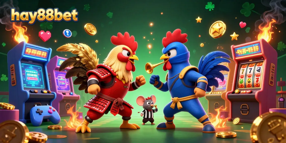 Experience the excitement of hay88bet with twin roosters in a dynamic gaming showdown amidst colorful arcade elements.