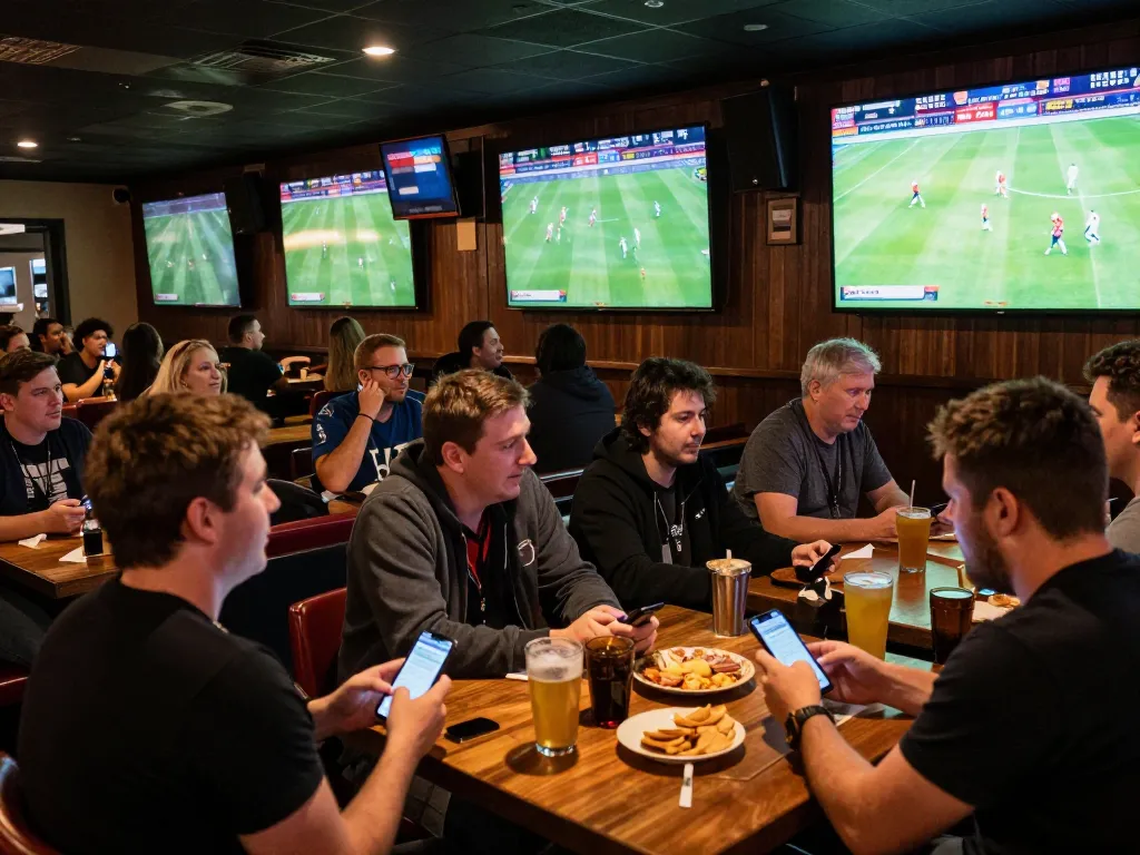 Socolive viewers engaging in football betting at a lively sports bar atmosphere