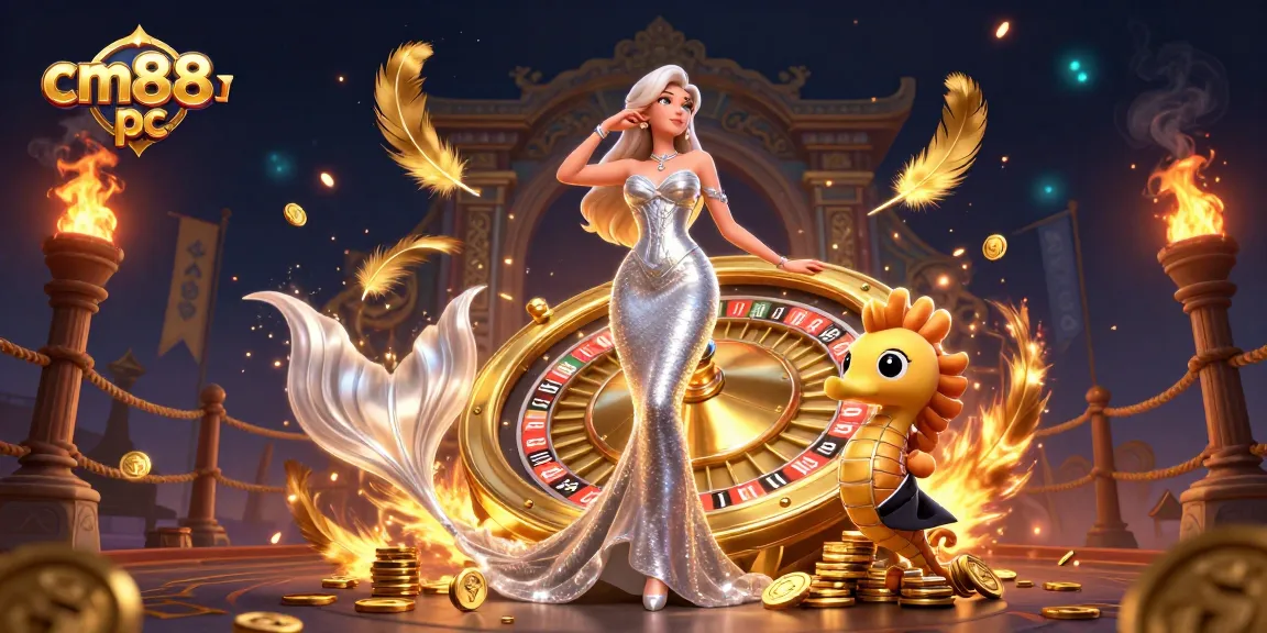 Engage in exciting gameplay at cm88 pc with a stunning mermaid by a golden roulette wheel.