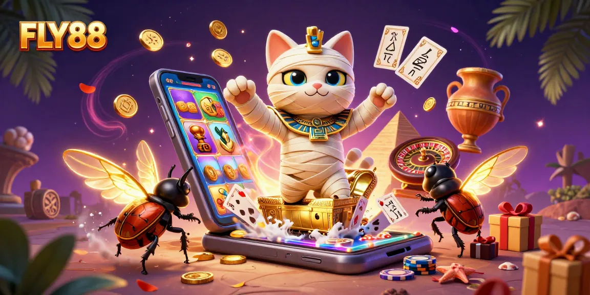 Engage in thrilling gameplay with FLY88's vibrant casino atmosphere featuring a mummy cat and golden elements.