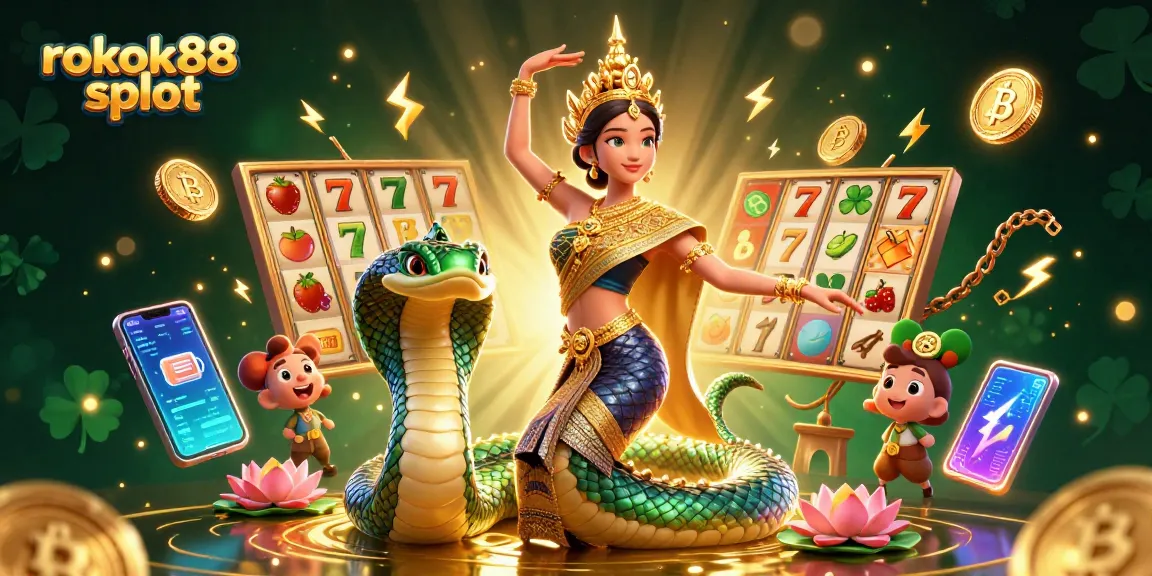 Engage with the vibrant rokok88 slot scene featuring a Thai dancer, Naga serpent, and dynamic game elements.