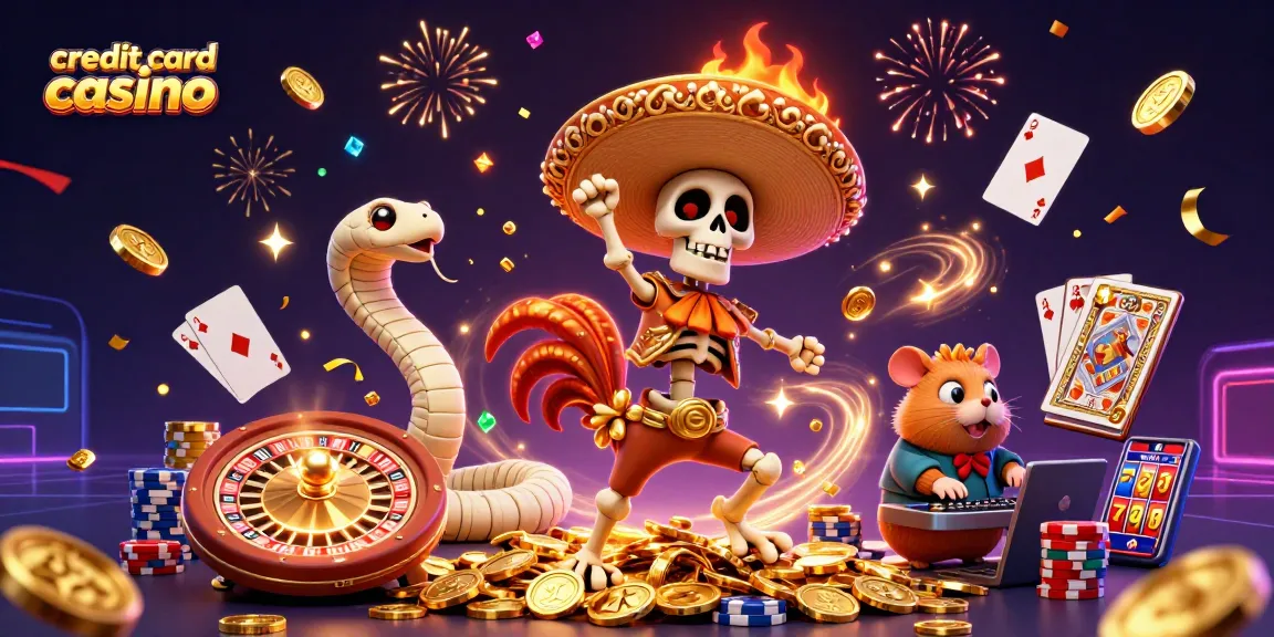 A skeleton mariachi dancing on coins in a festive credit card casino scene with vibrant elements.