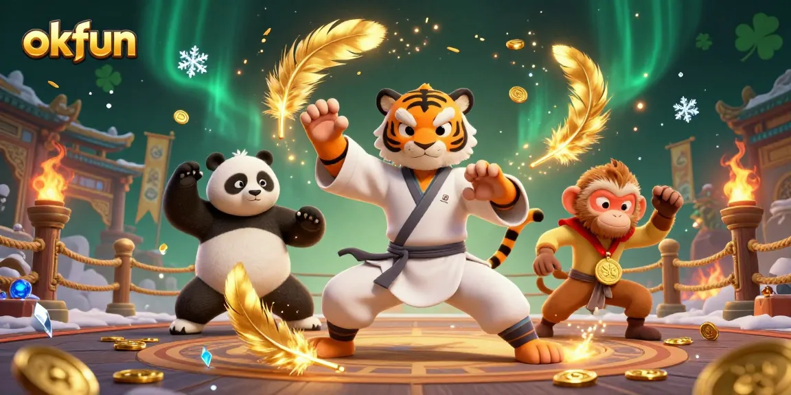 Engage with okfun's lively games while a kung fu tiger, panda disciple, and playful monkey shine in a vibrant casino scene.