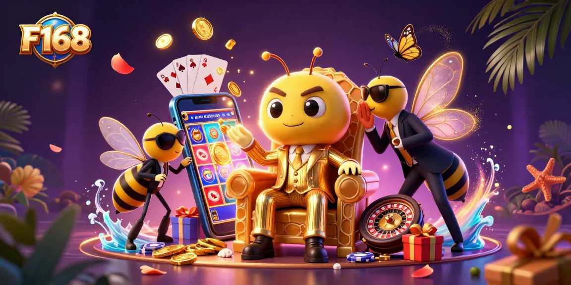 Experience F168's vibrant casino scene featuring a flashy honeycomb throne, dynamic game elements, and rich illustrations.
