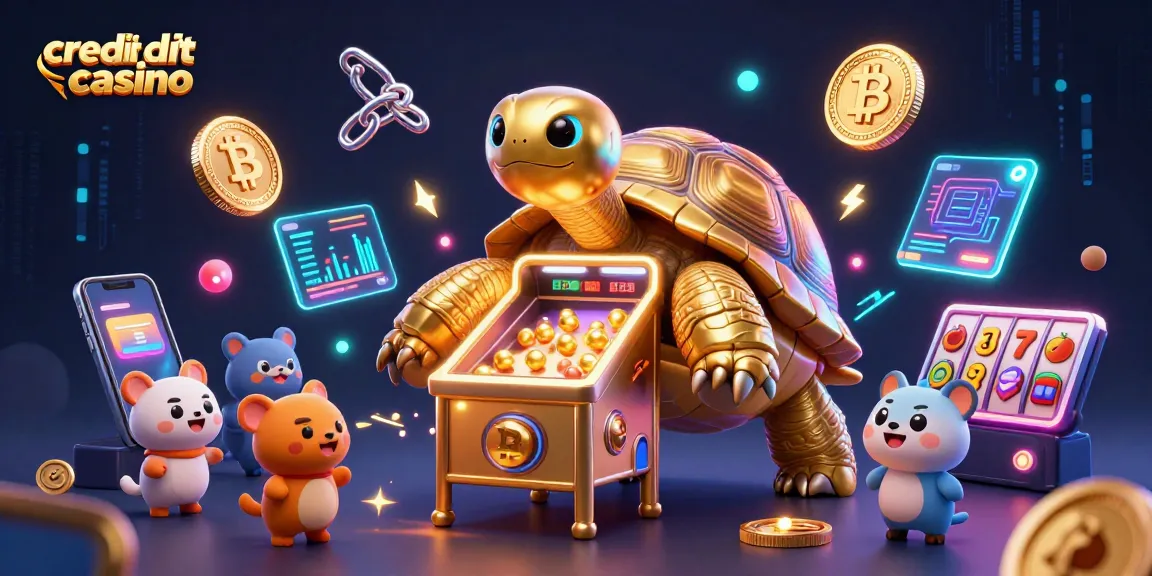 Engage with dynamic gaming action at a credit card casino featuring playful 3D tortoises and vibrant slot elements.
