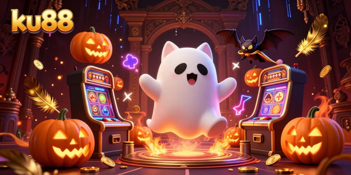 Engage in fun gaming adventures at ku88 with a floating ghost cat in a haunted casino.