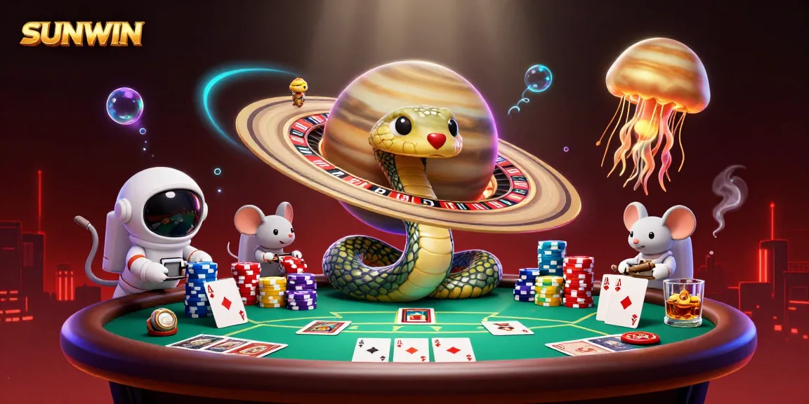 SUNWIN casino illustration with a cosmic snake and astronaut mice gambling on a roulette wheel.