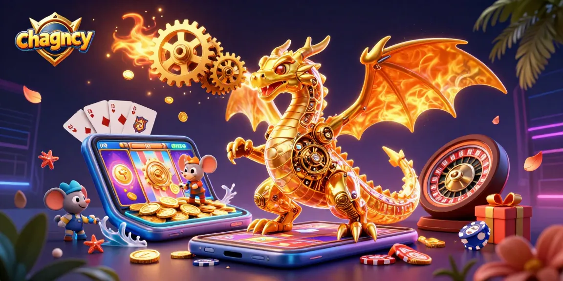 Immerse in the thrill of chagency's slot games with a golden dragon and vibrant casino elements.