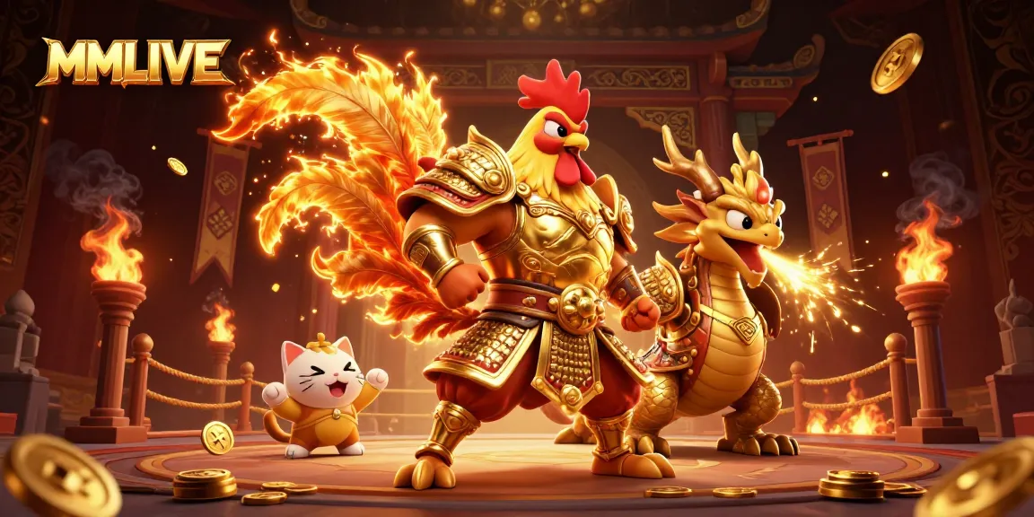 Experience MMLIVE's thrilling live stream entertainment with cartoon warriors and golden elements.