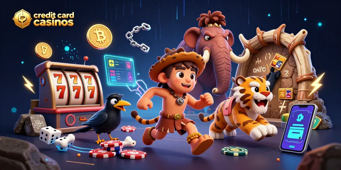 Experience the excitement of credit card casinos with a vibrant caveman-themed gaming illustration.