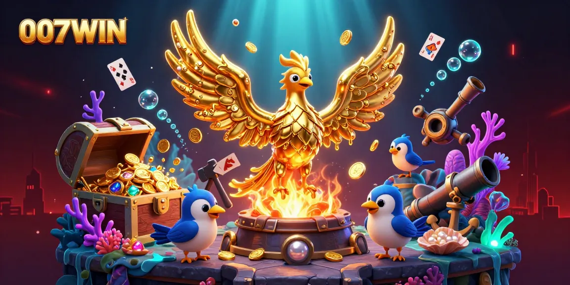 Engage in thrilling gameplay with 007WIN's casino illustration featuring dynamic gold phoenix and treasure!
