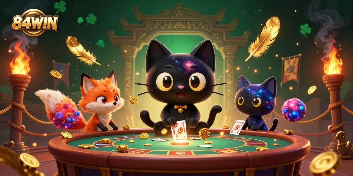 Experience the excitement of 84WIN dynamics with a cosmic casino scene featuring vibrant characters amidst golden elements.