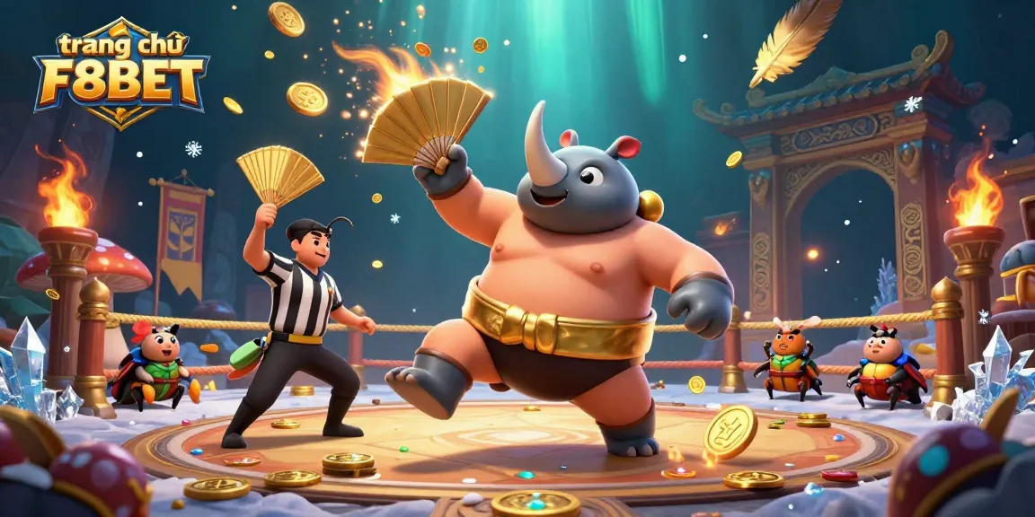 Experience action and excitement with the trang chủ F8BET scene featuring a beetle sumo champion and vibrant casino elements.