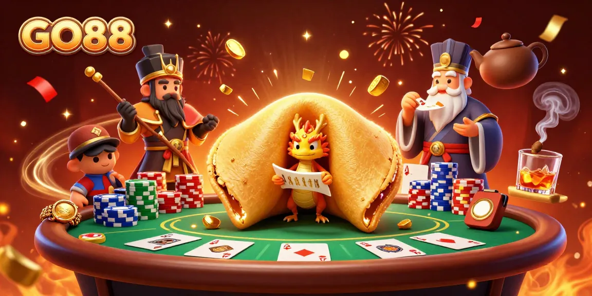 Engage in GO88 gaming adventures with vibrant fortune cookie characters amidst dynamic casino visuals.