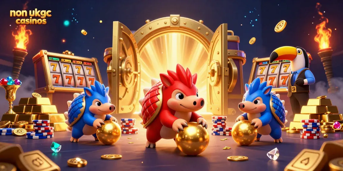 Join the fun at non ukgc casinos with a lively gaming scene featuring vibrant pangolins, poker chips, and rich treasures.
