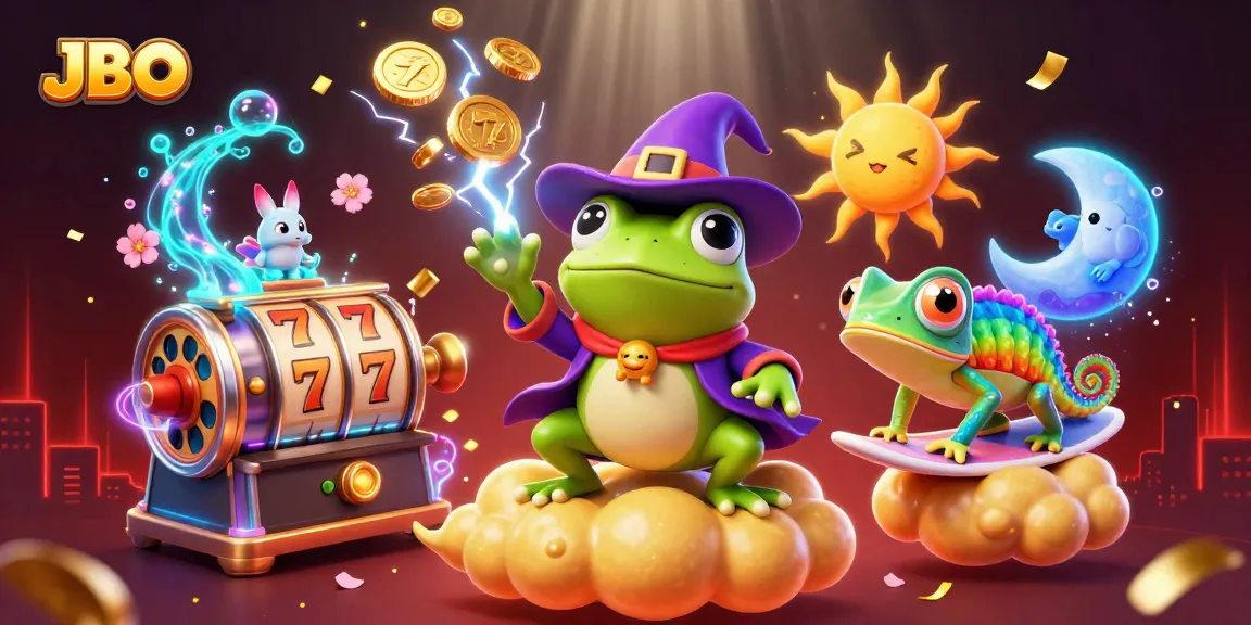 JBO showcases a vibrant gambling scene with a wizard frog and a chameleon amidst golden slot reels.