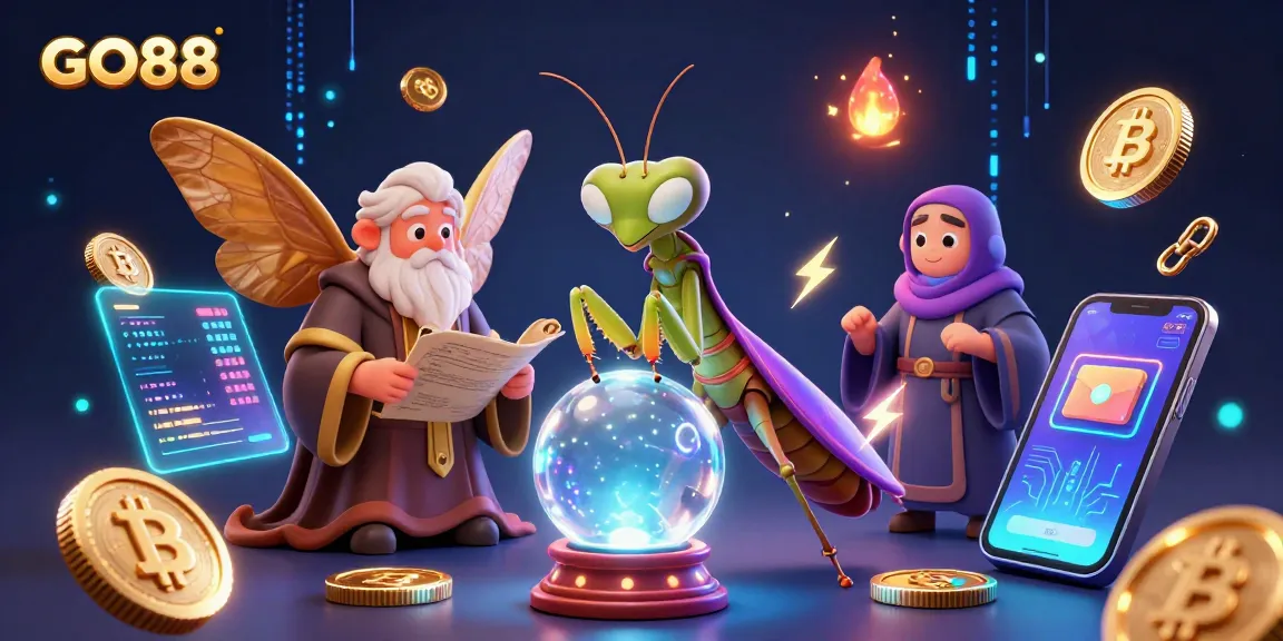 Experience the thrill of GO88 Casino with a vibrant 3D scene featuring enchanting characters and crypto elements.