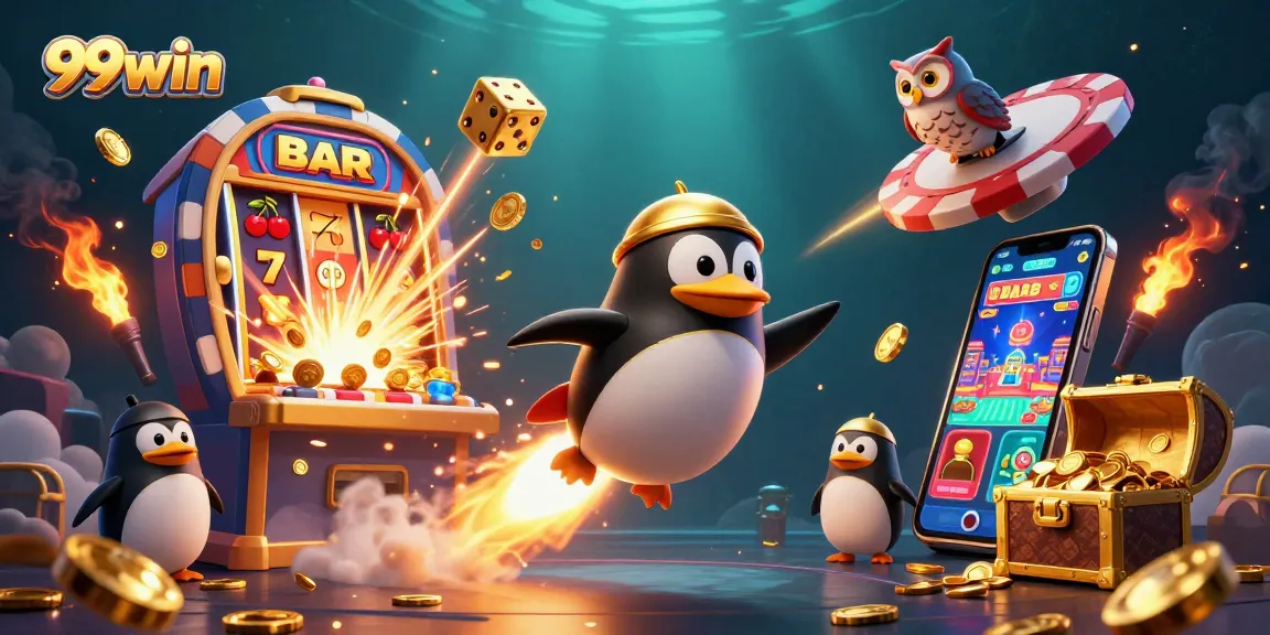 Experience the thrill of 99win with a magical 3D illustration featuring a golden penguin and slot machines bursting with excitement!