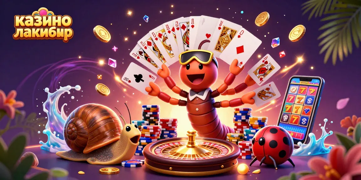 Experience the thrill of казино лакибир with a lively 3D illustration of a millipede dealer amidst sparkling casino elements.